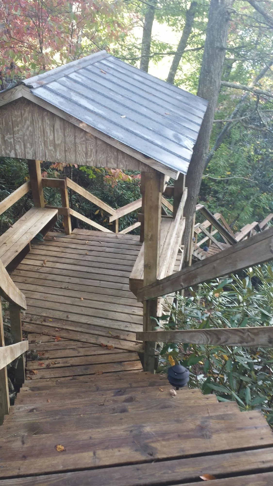 Metal roofed shelter over wooden steps on a wooded walkway — Skylight Repair & Installation work by our crew in Sutherland